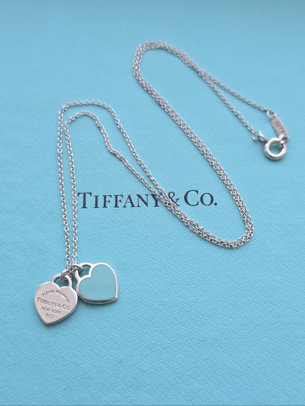 Blue enamel double heart tags necklace